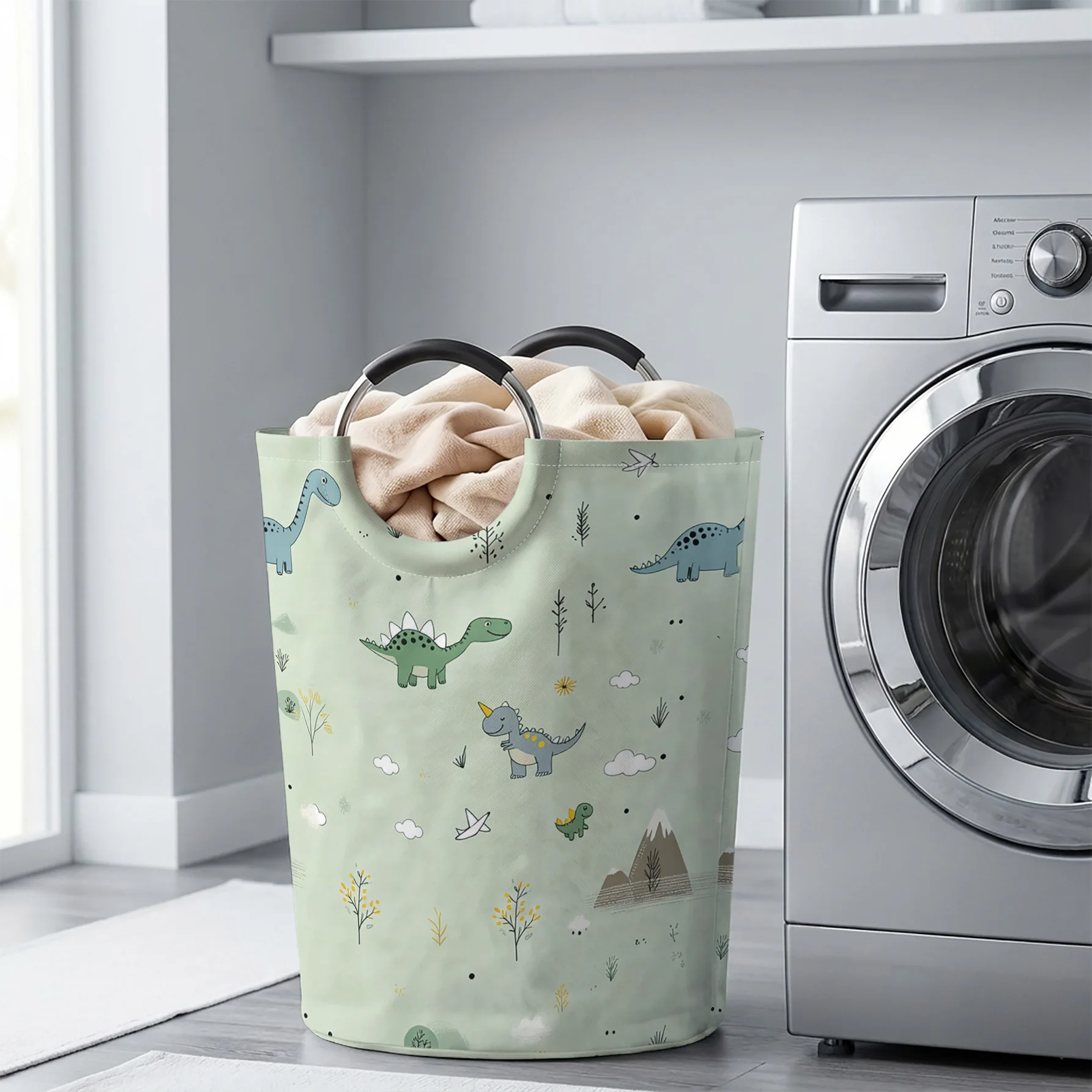 Light Green Cartoon Dinosaur Mountain Cloud Handheld Storage Basket, For Laundry, Bedroom & Home Sundries Storage