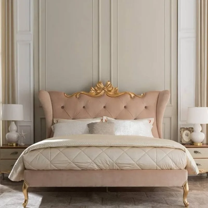 Beige Nordic Elegant Bed Decoration Headboard Lounges Luxury Full Size Bed Frame Modern Wooden Camas De Dormitorio Furniture