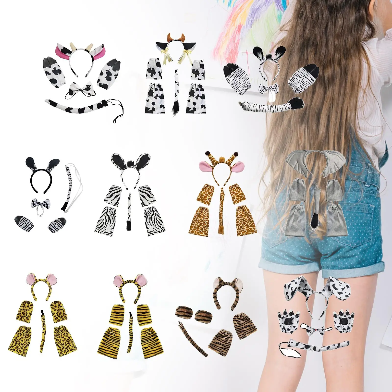 Set di orecchie e coda di animali Comodo fascia per capelli Morbida vestire Set di costumi di animali per bambini Vacanze Spettacoli teatrali Festa di compleanno