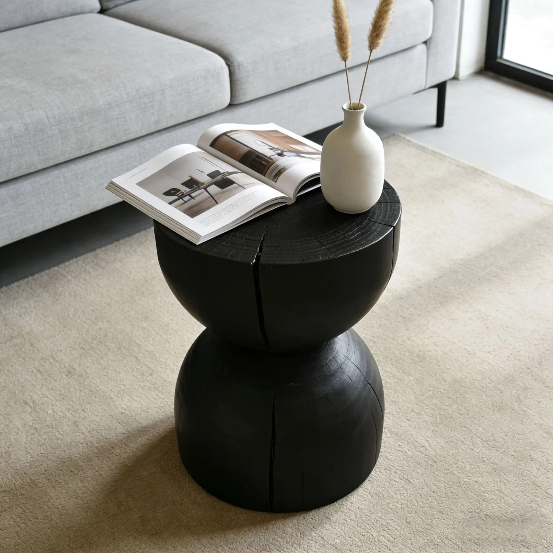Wabi-sabi style homestay solid wood side table, charcoal black coffee table ornament