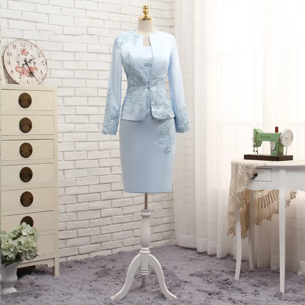 Sky Blue Mother Of The Bride Dresses Sheath Knee Length Appliques With Jacket Plus Size Short Groom Mother Dresses For Wedding