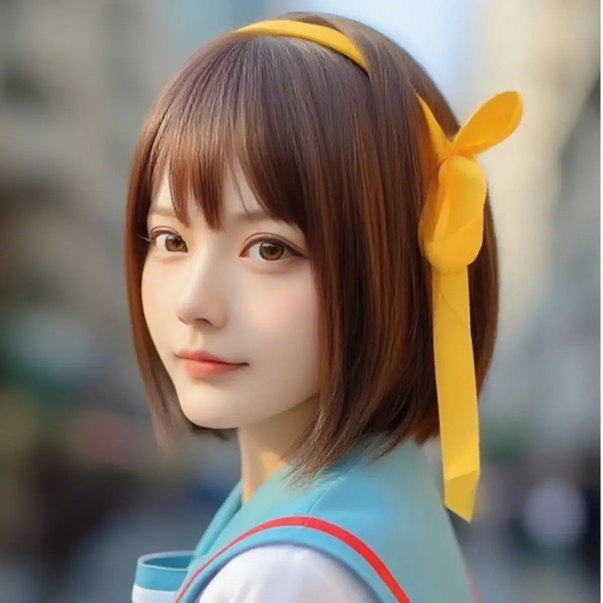 أنيمي Haruhi Suzumiya شعر مستعار تأثيري 35 سنتيمتر البني الداكن الشعر القصير شعر مستعار اصطناعي + غطاء شعر مستعار حفلة الهالوين شعر مستعار