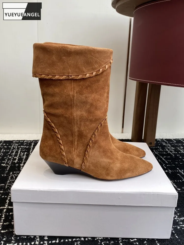 Botas apiladas cómodas Retro para mujer, botines de piel de ante vacuno con punta en pico, calzado hecho a mano a la moda de cuero genuino para mujer