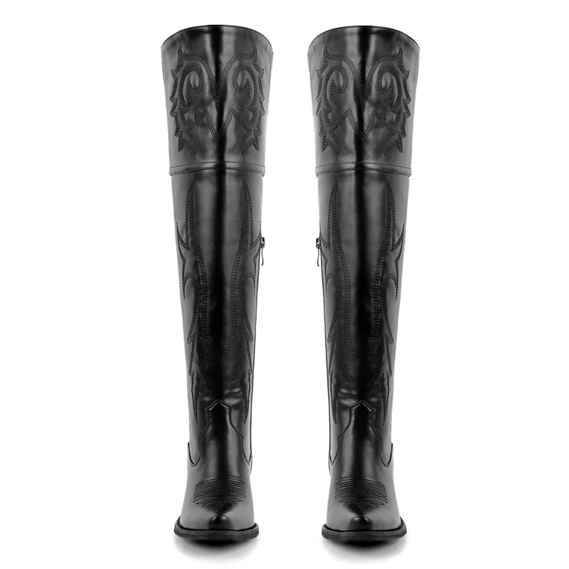 Onlymaker Winter Women  Black Brown Knee High Boots Pointed Toe Chunky Pull On Embroidered Thick Heels Boots Zipper Large Size