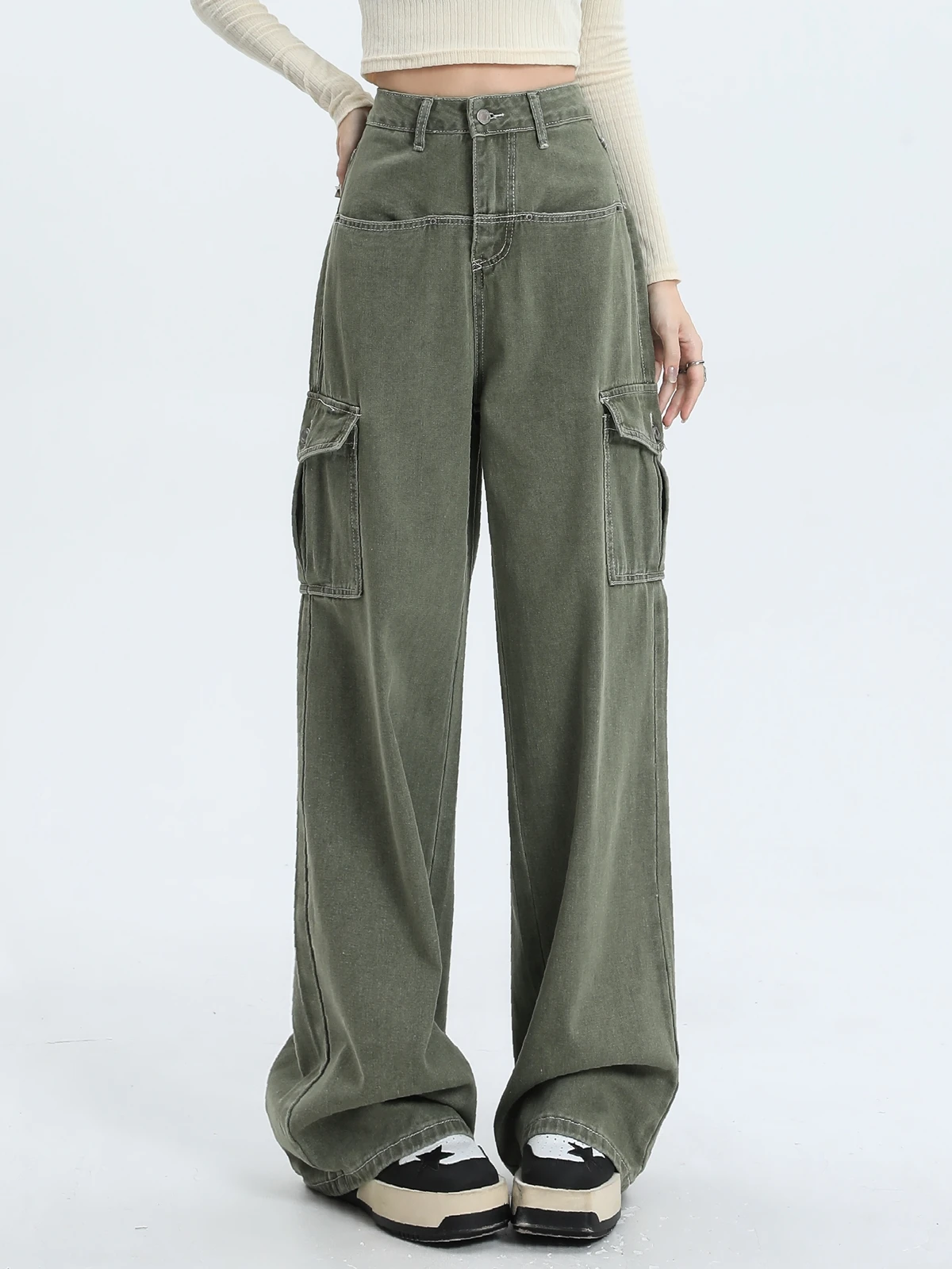 

ZHISILAO New Cargo Jeans Women Vintage Solid High Waist Wide Leg Straight Denim Pants Streetwear Autumn 2024