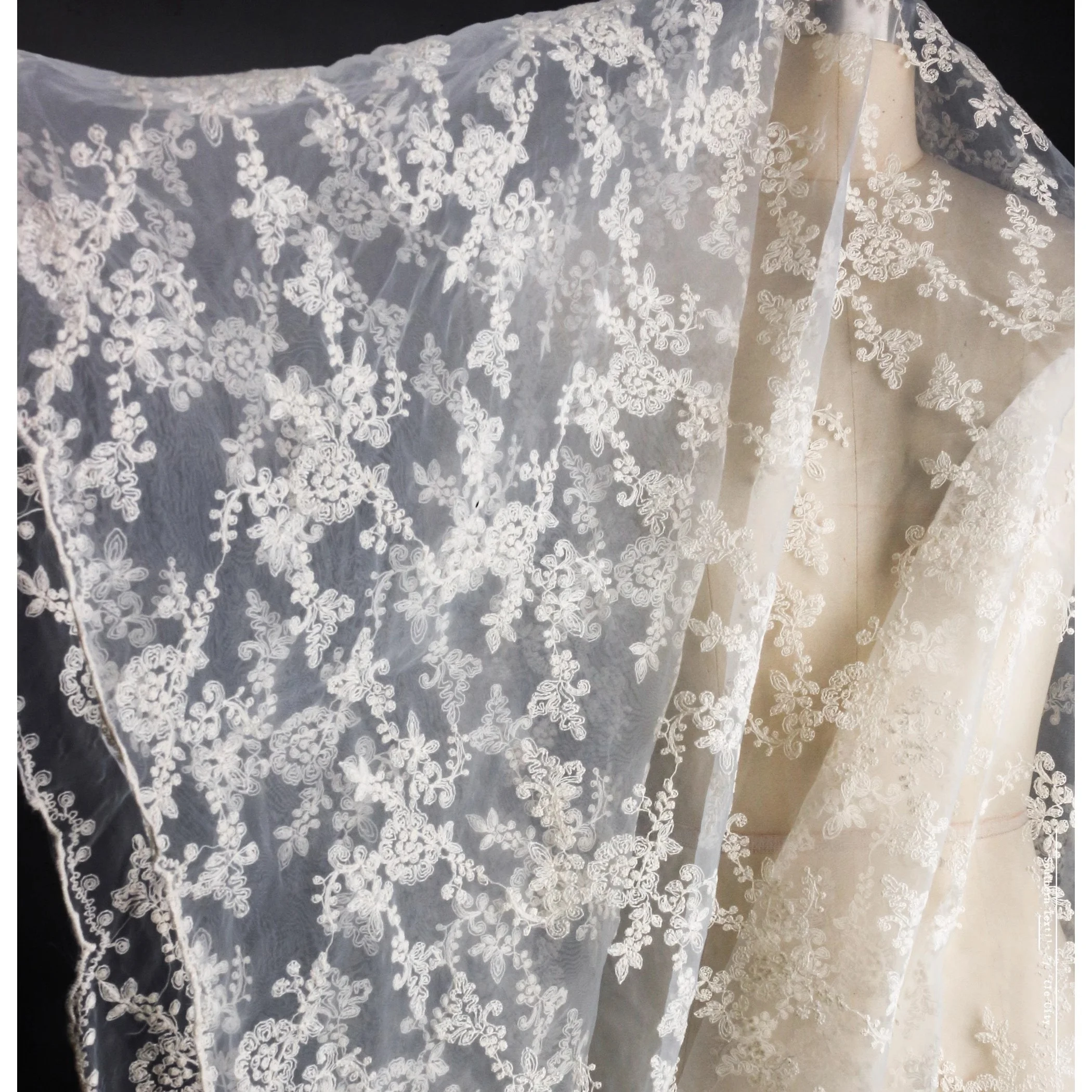 Beige white embroidery pattern mesh lace jacquard creative DIY semi-transparent wedding dress skirt designer fabric