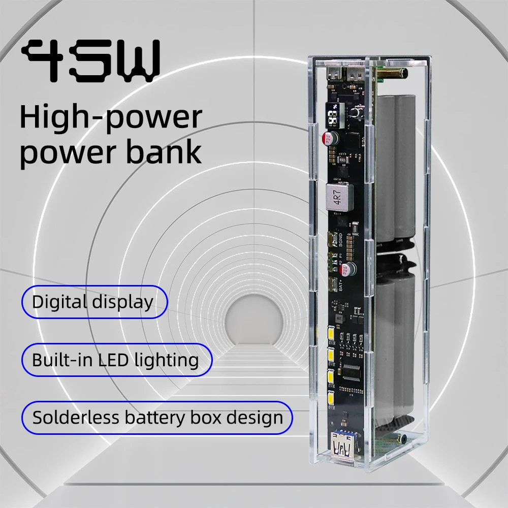 

Портативное зарядное устройство PD45W для самостоятельной сборки, 20000 мАч, без сварки, Φ, цифровой дисплей в стиле панк 21700 18650, без аккумулятора, для ноутбука, двухсторонняя Быстрая зарядка