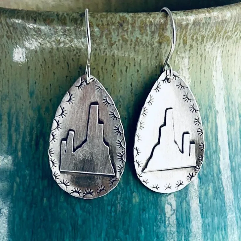 Minimalist Hand Carved Great Mountain Dangle Women's Earrings Silvery Color Metal Geometry Daily Wear Party Jewelry