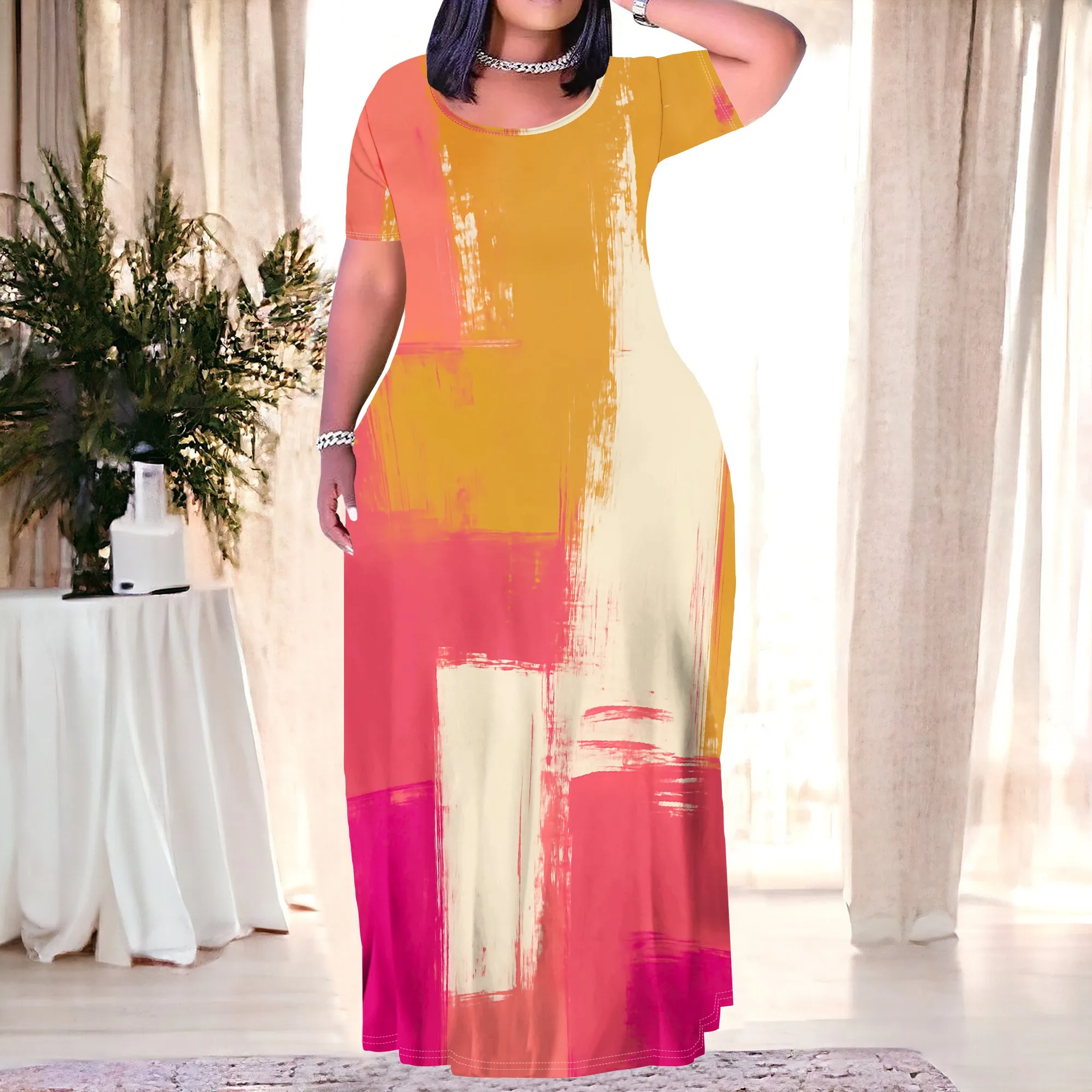 

Abstract Colorblock Brush Print Plus Size Dress XL‑6XL Short Sleeve Loose Fit Maxi Style for Art Show, Brunch or Summer Look