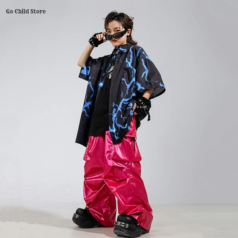 Boys Hip Hop Tie-dyed Shirt Street Dance Shiny Cargo Pants Girls K-pop Clothes Sets Kids Jazz Costumes Children Teens Streetwear