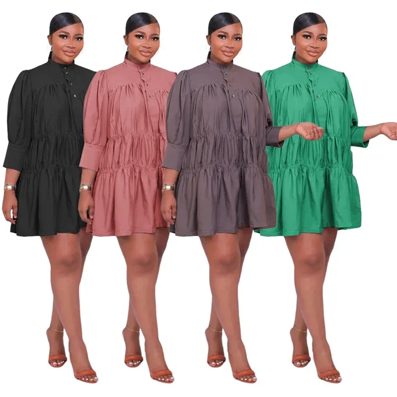 Streetwear Effen Shirt Jurk Met Lange Mouwen Vrouwen Button-Up Stand Kraag Driekwart Mouw Losse Casual Grote Swing Babydoll Jurk