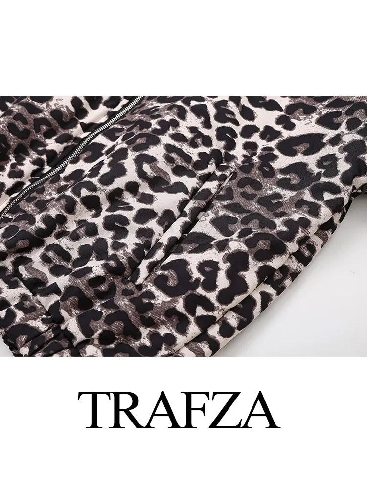 TRAFZA-Casacos de algodão estampado leopardo feminino, mangas compridas, decoração com zíper, bolsos soltos, moda casual, inverno