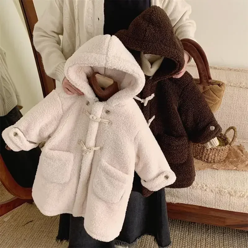 

Girl Boy Loose Coat Autumn 2024 Winter New Lamb Wool Baby Add Velvet Thickened Keep Warm Overcoat Casual Simple Fashion Comfort