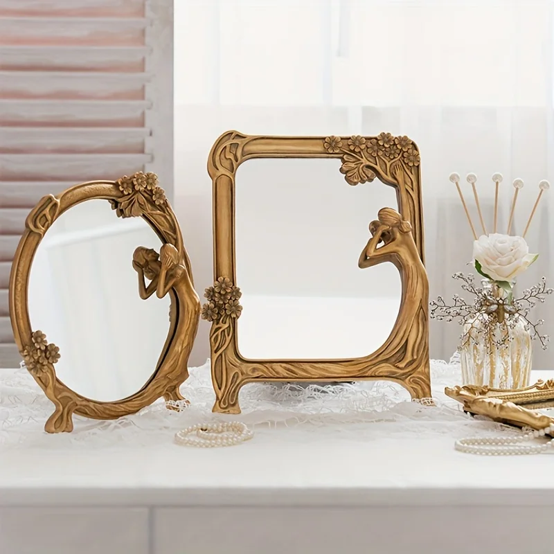 1pc Retro Resin Maid Makeup Mirror, Dressing Table Mirror, Decoration Creative Mirror, Resin Handicraft Decoration, Wall Mirror,