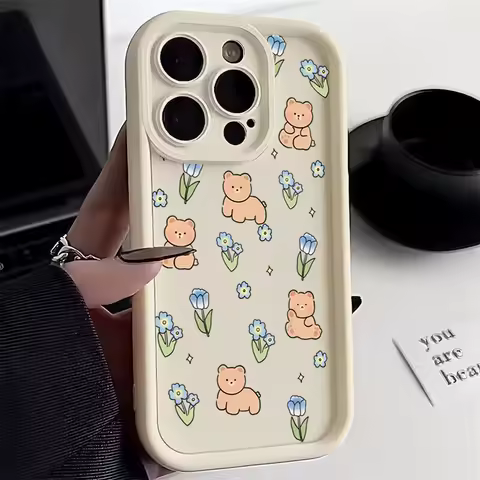 Cartoon Flower Bear Silicone Case For Samsung S24 Ultra Cases Galaxy S23 S21 FE S22 Plus A15 A35 A55 A34 A54 A33 A53 A52S Cover