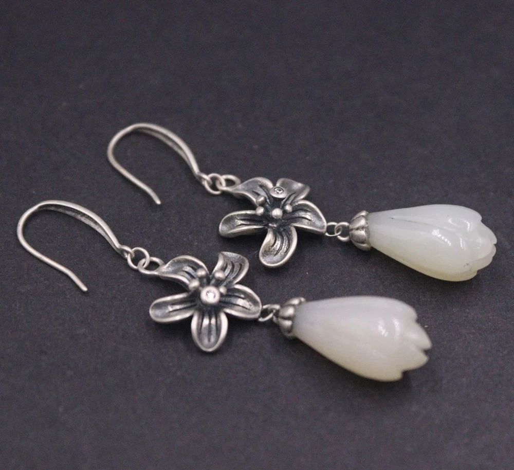 

Real Solid 925 Sterling Silver Dangle Natural Jade Retro Flower Women Lucky Earrings