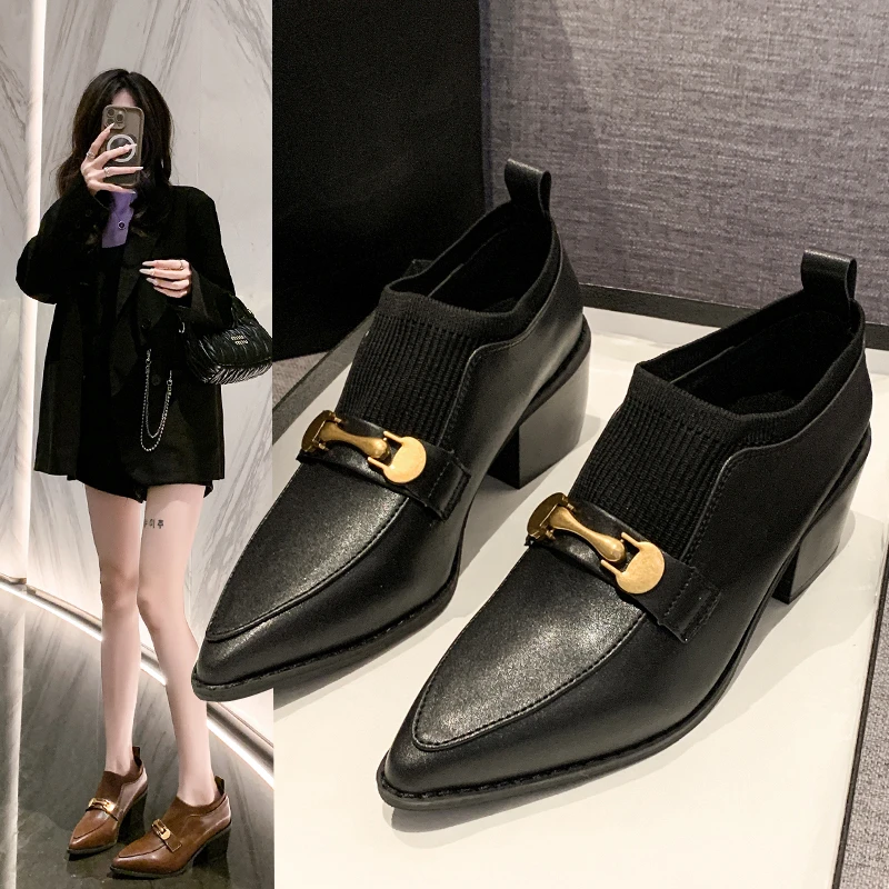 Women Knitting High Heels Shoes Retro Pointed Toe Dress Chunky Shoes  New Designer Casual Walking Pumps Zapatos Mujer