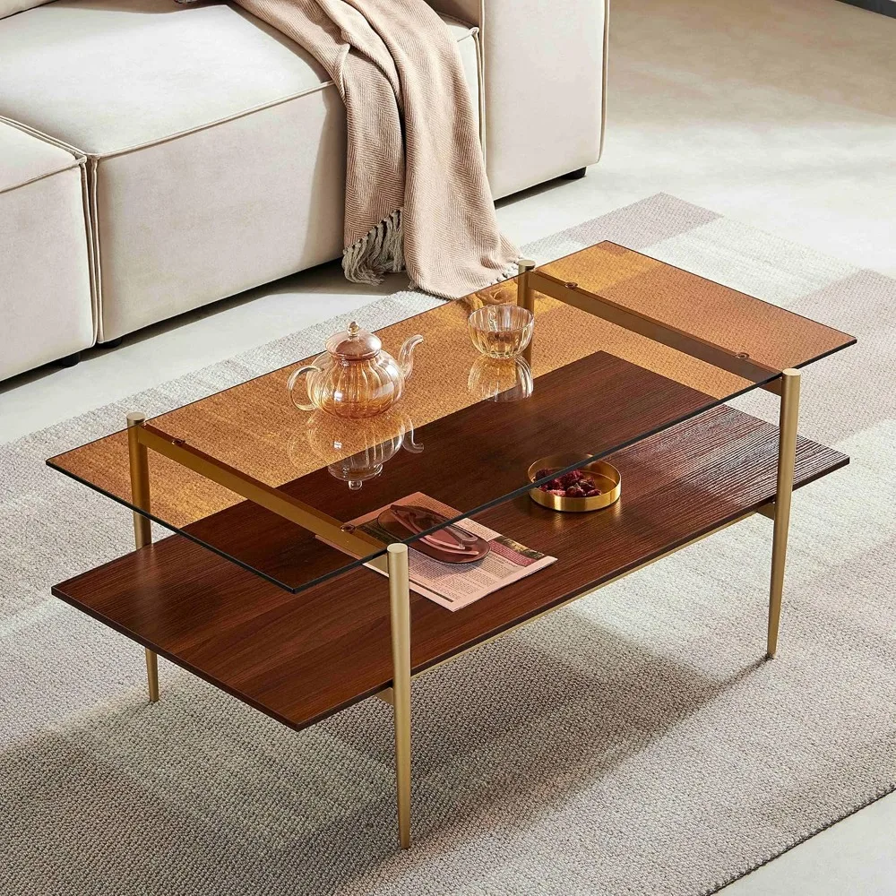 Double Layer Glass Coffee Table for Living Room, Brown Glass & Coffee Brown MDF Bottom Shelf, Living Room Table