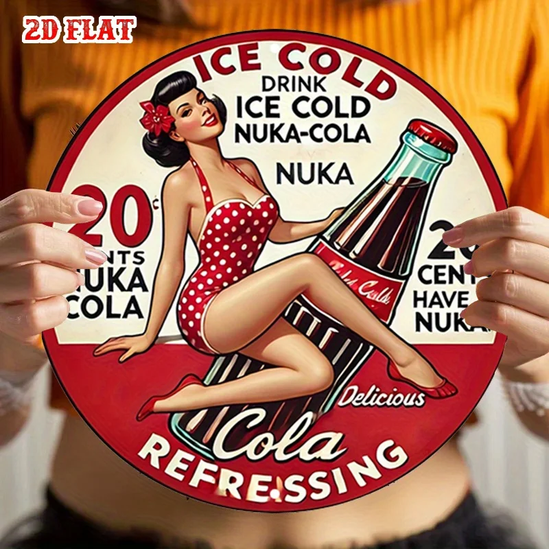 2D Flat, 1pc Retro Pin-Up 7.87x7.87 Round Aluminum Sign - Vintage Nuke Cola Ice Cold Drink Metal Tin Wall Art, Refreshing Rustic view 6