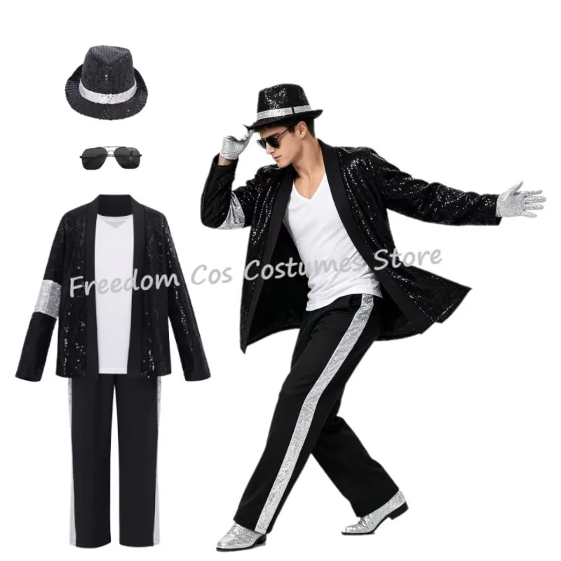 Men Woman Michael Jackson Cosplay Costume Black Sequin Suit Dance Disco Halloween Fancy Dress Up 80s Party Cosplay Outfit