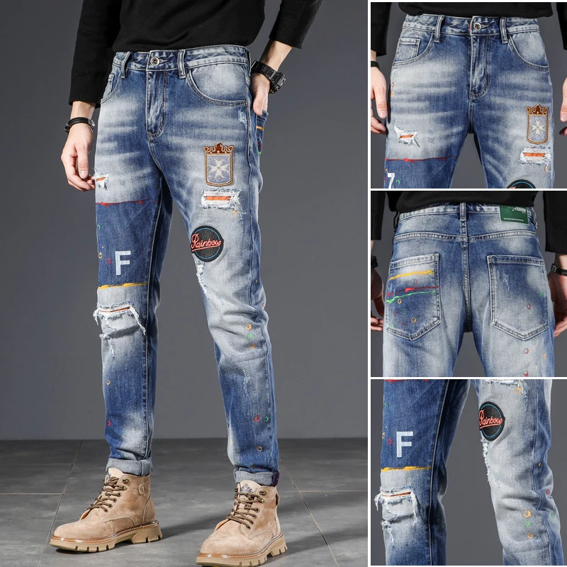 

EH·MD® Four Seasons Gradient Jeans Men's Speckled Paint Scratched Micro Chapter Embroidery Red Ear Cotton High Elastic Trend 022