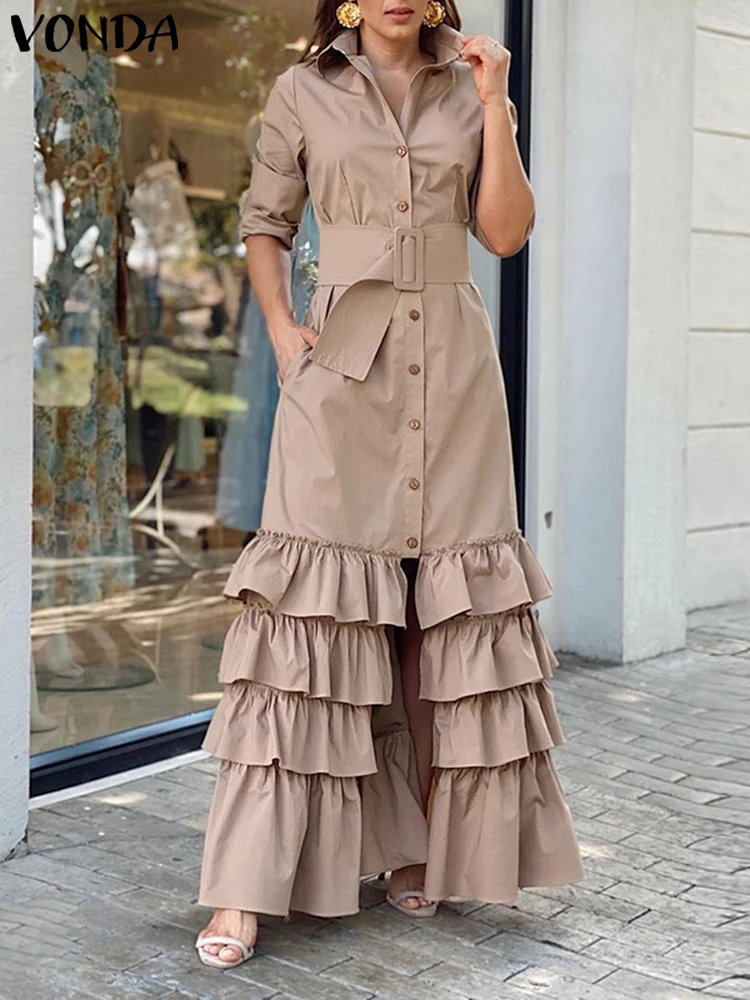 VONDA Bohemian Women Loose Ruffled Dress 2024 Autumn Button Maxi Sundress Belted Long Sleeve Solid Color Casual Party Shirt Robe