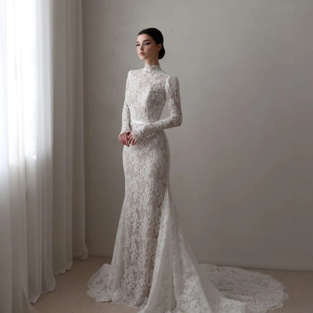 

Exquisite Wedding Dresses High Neck Long Sleeve Brides Dress Mermaid Bridal Gown Customized فساتين حفلات الزفاف