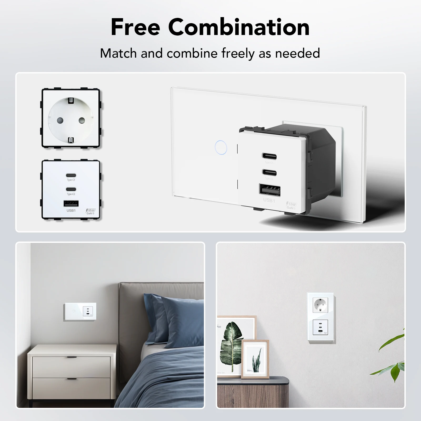 BSEED Universal Wall Sockets Function Part 65W PD Fast Charge Port USB Type-C Quick Charge Adapter DIY Module Part Without Frame