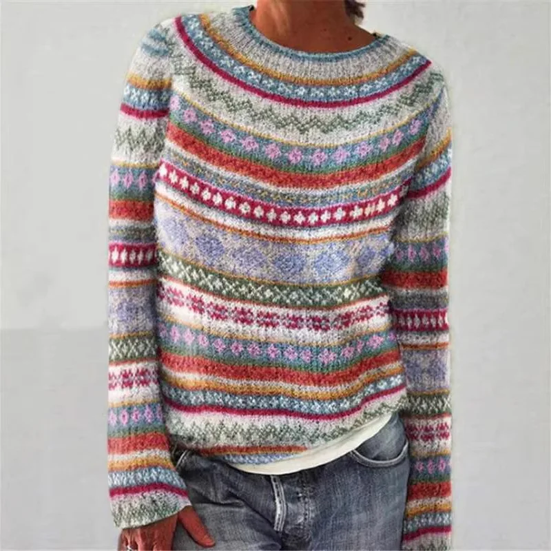 Sweaters Women Knitted Pullovers Round Neck Patchwork Elegant Casual Work Daily Full Sleeve Jumpers Y2k Streetwear Loose Autumn