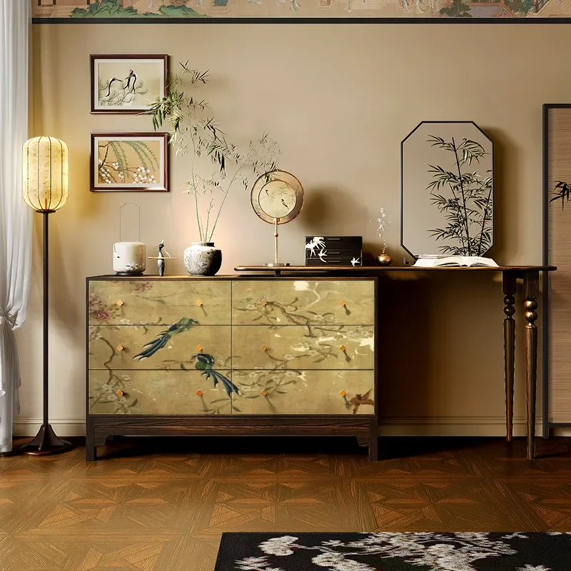 New Chinese Retro Light Luxury Solid Wood Porch Cabinet Chest Living Room Dining Side Cabinet Locker Song Style Aesthetic