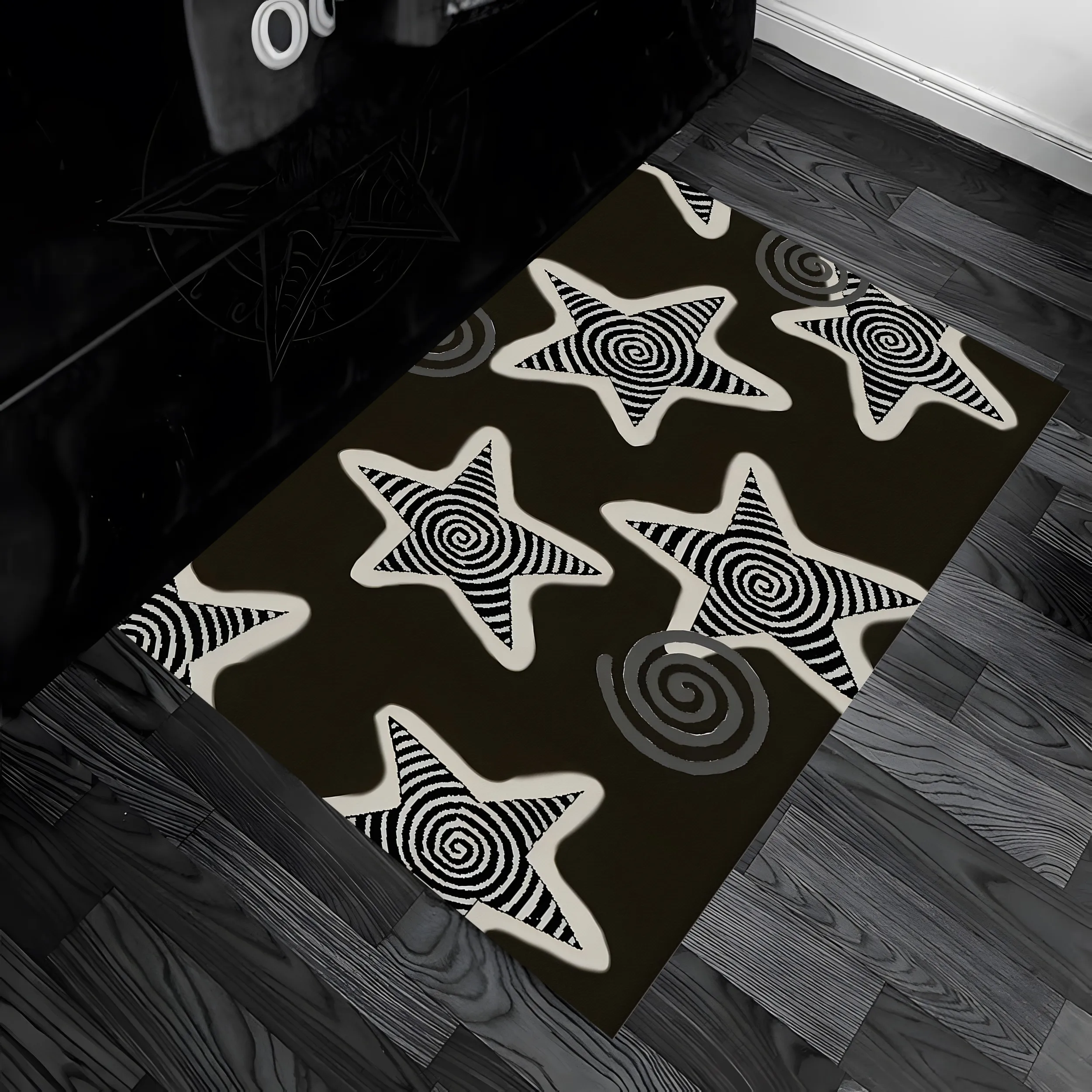 Black and White Spiral Star Pattern, Trendy and Dark Style, Suitable for Halloween, E-Sports Room, Bedroom, Bedside, and Entryway Velvet Rugs Create a Personalized and Eye-Catching Niche Soft Furnishing Atmosphere.