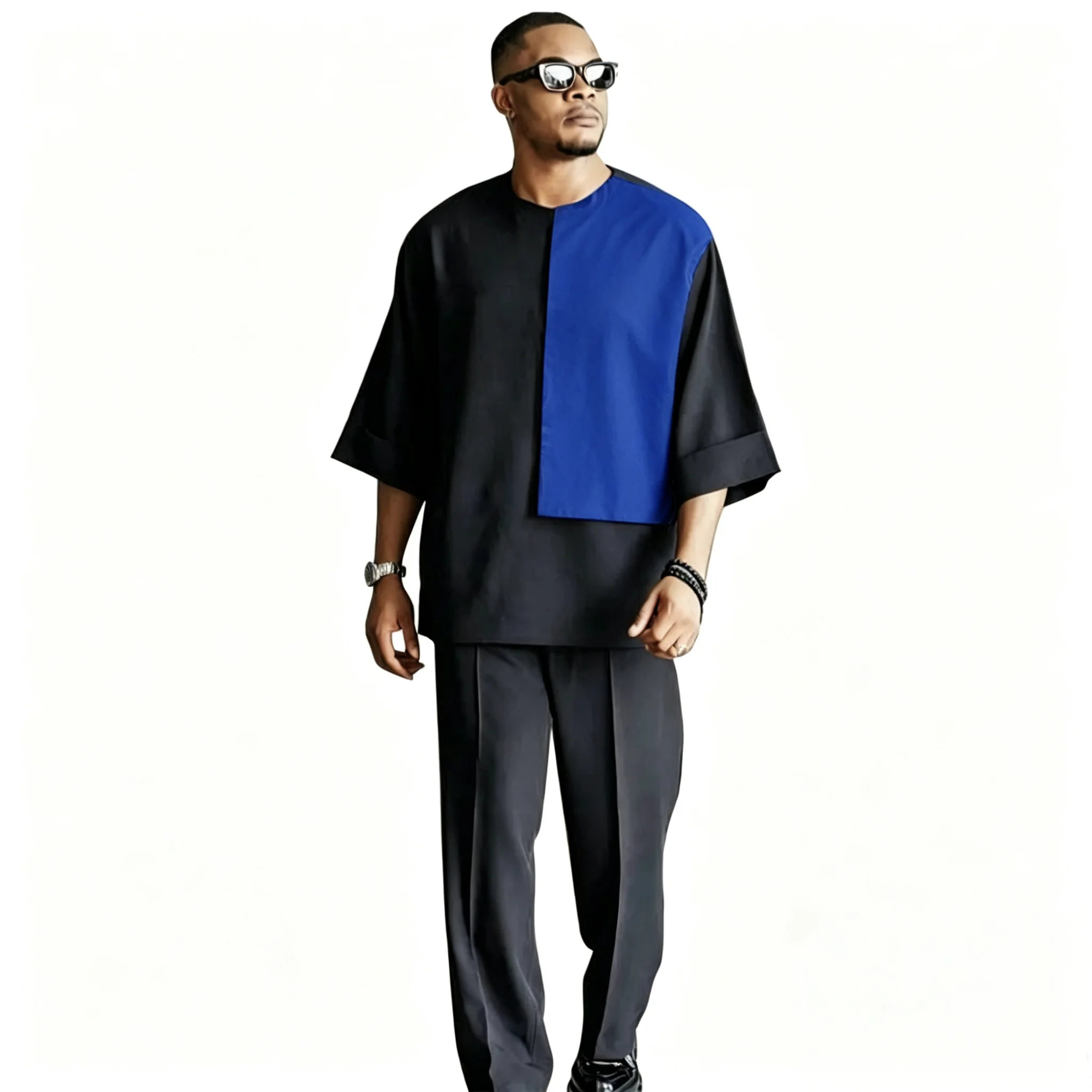 Ropa africana de manga 3/4 para hombre, conjunto holgado de estilo nigeriano, Tops de retazos con pantalón, traje de fiesta hecho a medida