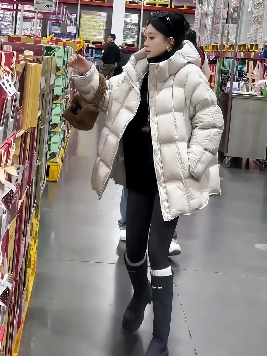 Thiened Puffer Jaet Abrigo de invierno cálido con relleno de plumón blanco de longitud media con capucha larga informal para mujer