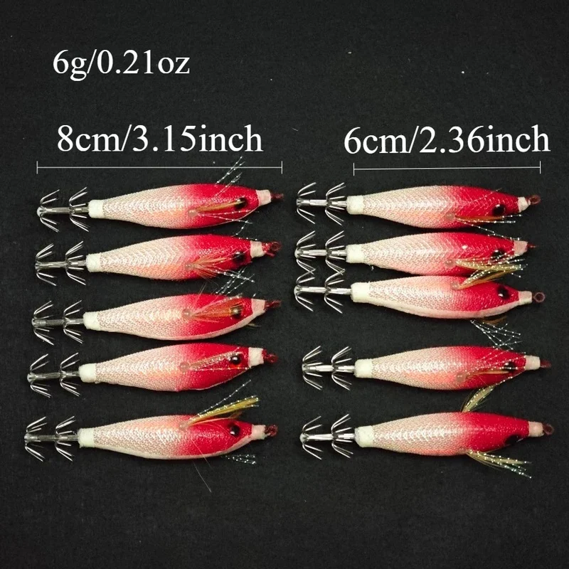5PCS Horizontal Squid Jig Egi Set Tinsel UV Luminous Glow Simulation Shrimp Bait 3D Eyes Sharp Umbrella Hooks Night Sea Fishing