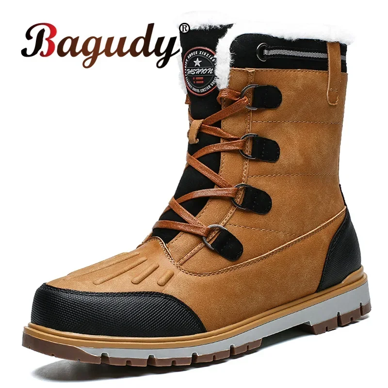 Fashion Men's Winter Boots Warm Fur High-top Snow Boot Men Waterproof Leather Platform Boots Outdoor Non-slip Men Winter Shoes