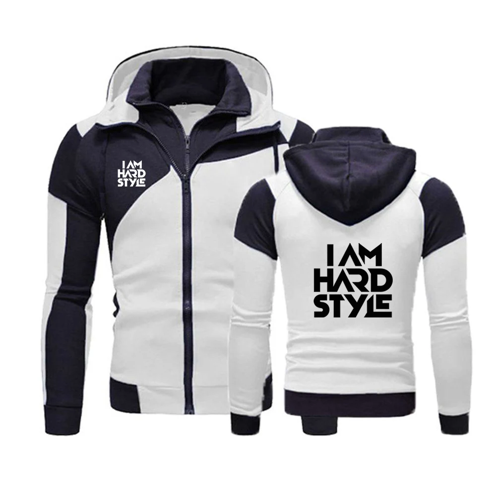 2024 Spring Autumn Men\'s I Am Hardstyle Logo Printing Popular High Street Hooded Double Zipper Casual Splicing Cotton Sweatshirt