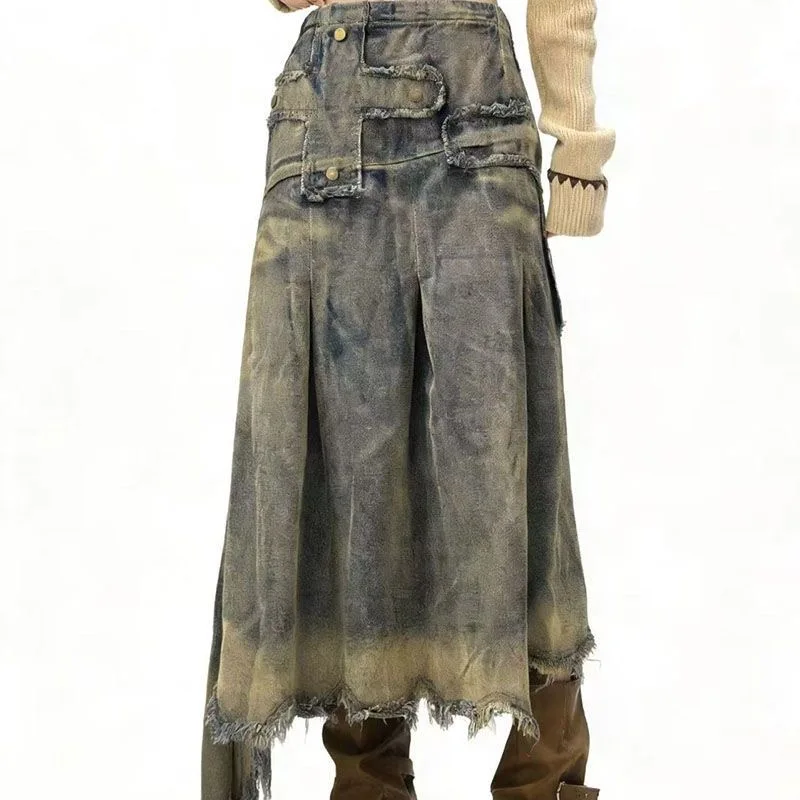 Women's Blue Frayed Hem Denim Skirt Baggy Y2K Japanese Harajuku High Street 90S Fashion Retro Denim Long Skirt Clothing 2026 New