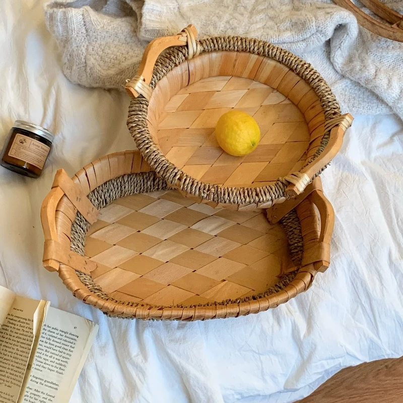 Vintage Woven Bread Basket Fruit Storage Tray Home Living Room Premium Decorative Basket Rattan Wooden Weave Serving Tray