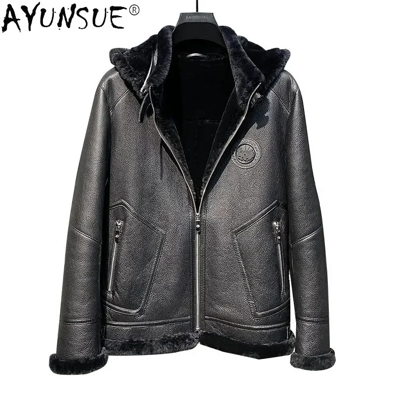 Winter Coat for Men Real Leather Jacket Men Coat Natural Sheepskin Fur In One Fur Coat Male Casaco De Pele Masculino