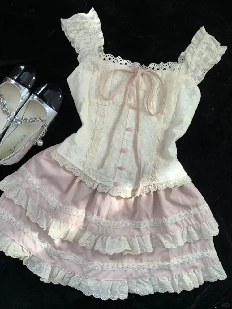 

2025 Summer New Cottagecore 2-piece Set Women's Sweet Pretty Lace Up Slim Tops Fashion High-waist Pink A-line Short Skirt Suit
