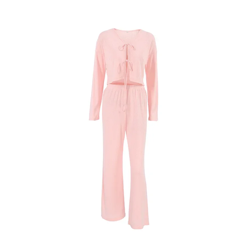 Summer 2024 Cardigan Breathable Knitted Pajamas Two-piece Set Fresh Pink Long-sleeved Trousers Ladies Home Clothes