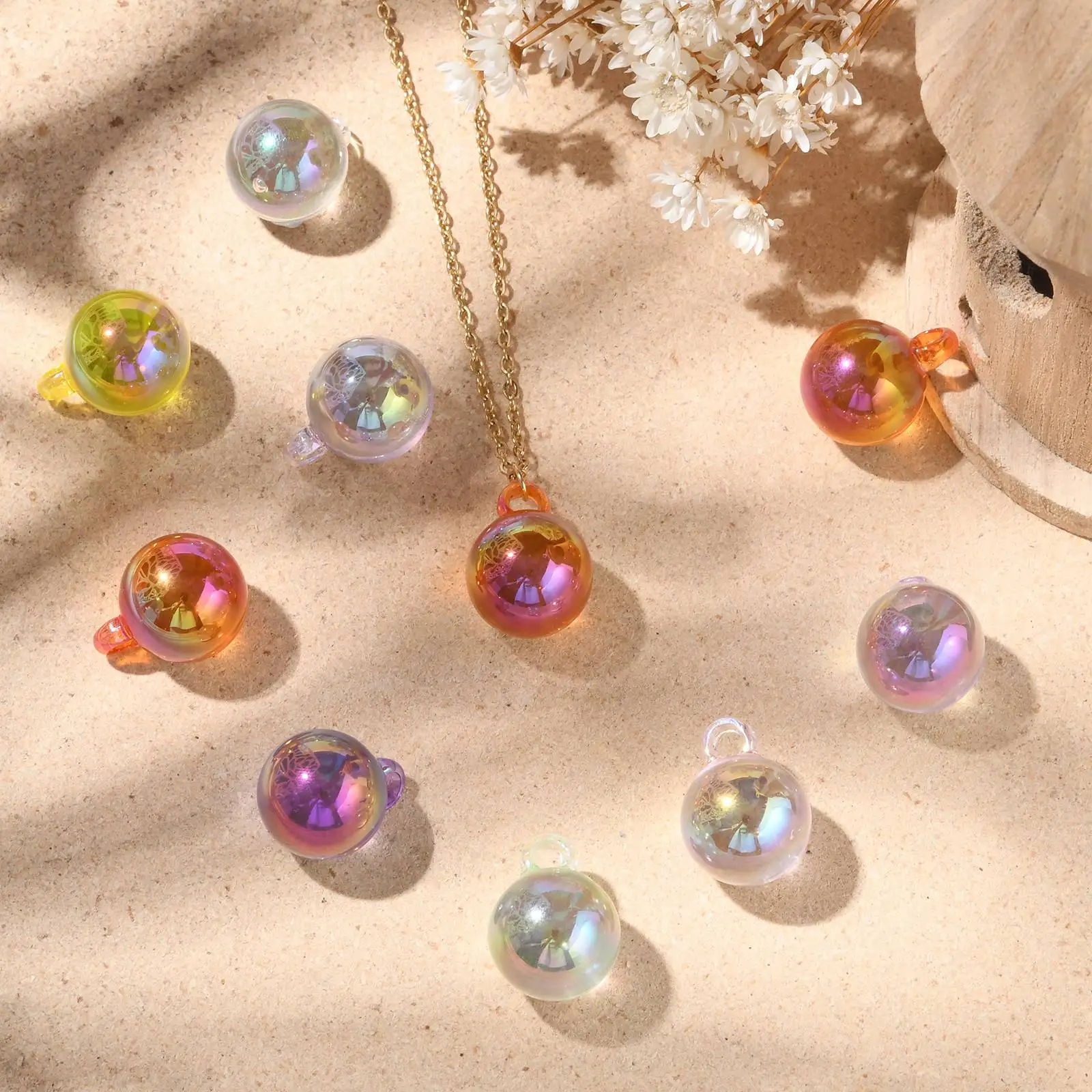 100Pcs 10 Colors Rainbow Iridescent Transparent Acrylic Round Charms Pendants Round Ball Charms for DIY Jewelry Crafting