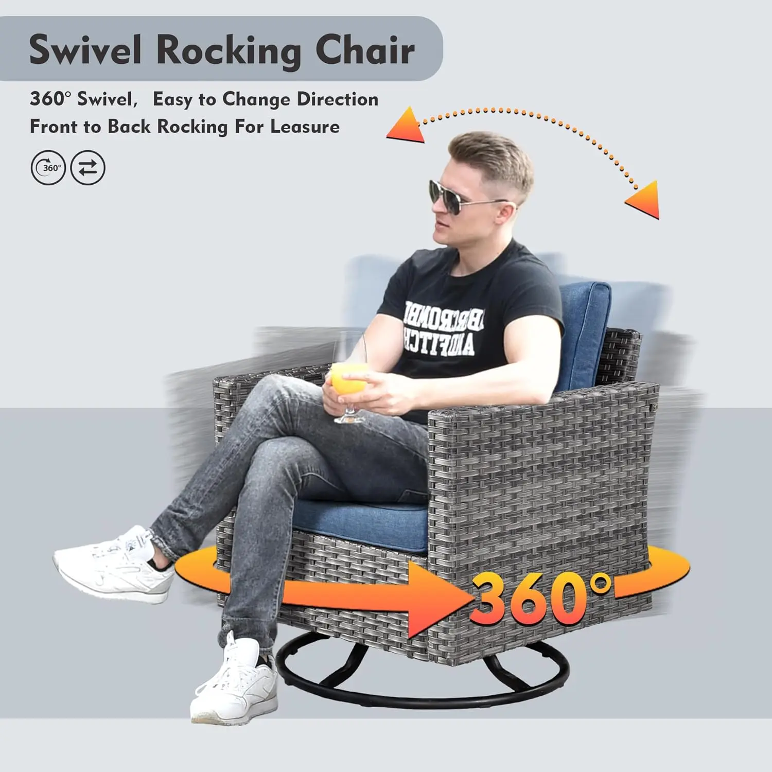 7 Pieces Outdoor Patio Furniture Set, Rattan Wicker Sectional Swivel Rocker Chairs Sets with Table, Swivel Glider Chairs, and Si