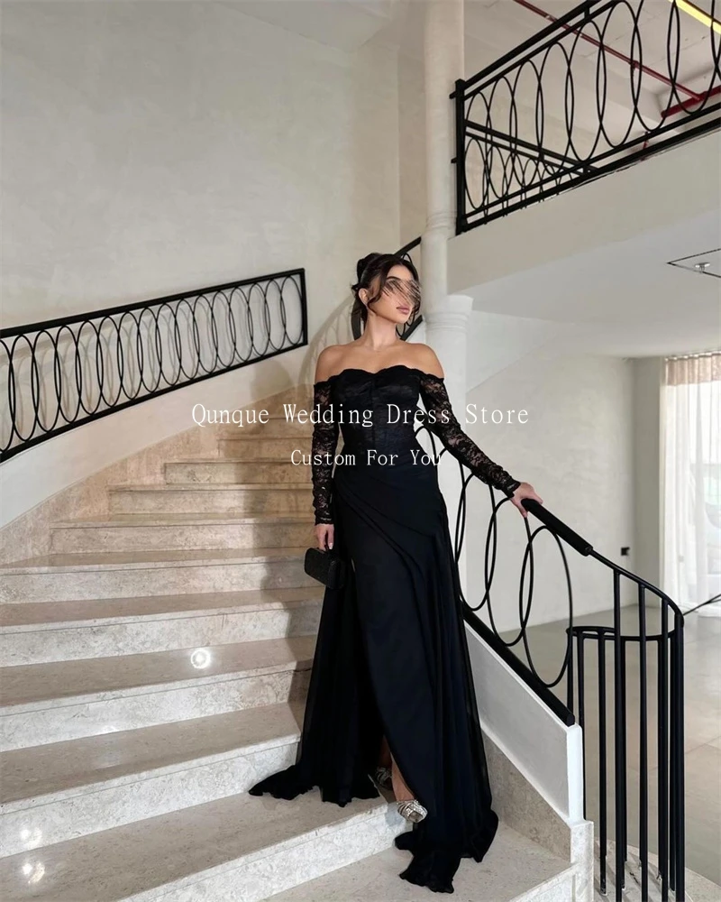 Qunque Meramid Evening Dresses With Lace Vestidos De Noite Sexy Split Customized Dubai Saudi Arabic Prom Dress Birthday Dresses