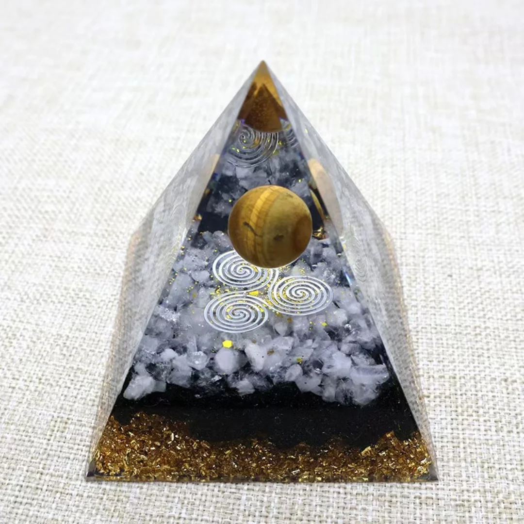 1pc Pirâmide de Organita, A Pirâmide de Ogan é compuesta de bolas de pedra de olho de tigre, obsidiana e pedras de quartzo branco