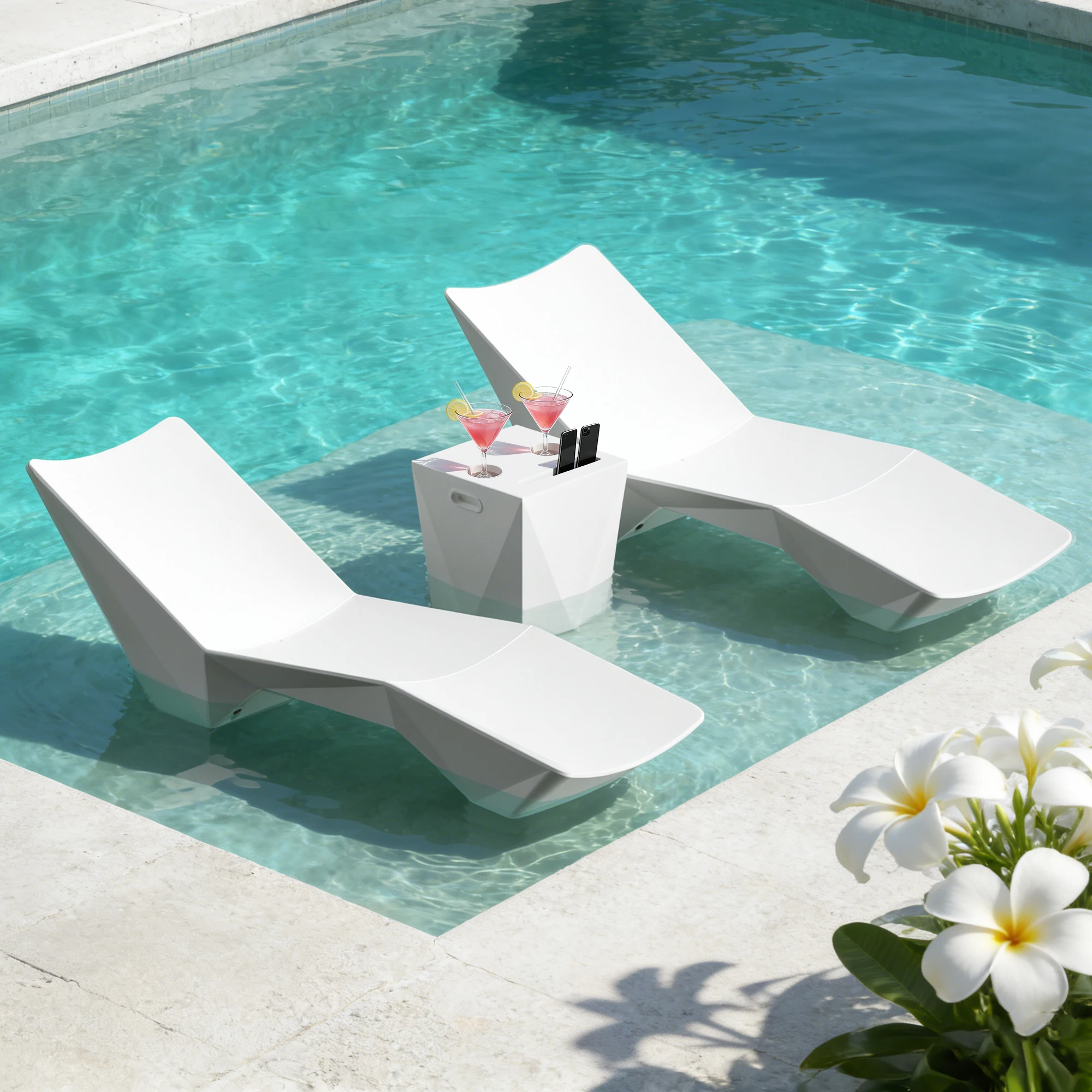 Three-piece outdoor furniture set featuring two beach loungers and a side table; suitable for poolside, beach, and patio use.