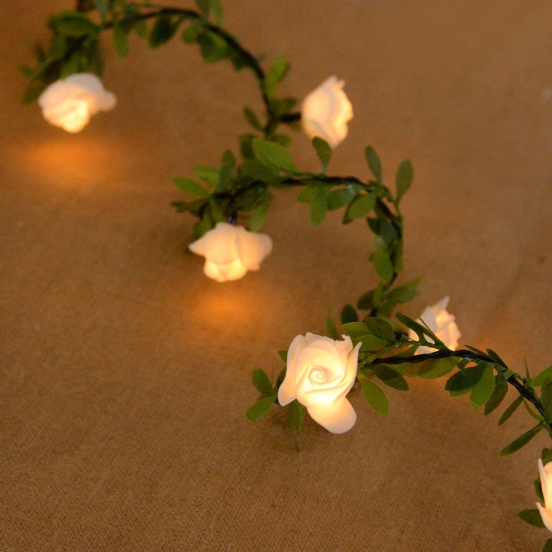 Rose Flower Led Fairy String Lights Artificial Green Leaf Rattan Wedding Birthday Party Home DIY Decoration Christmas Garland