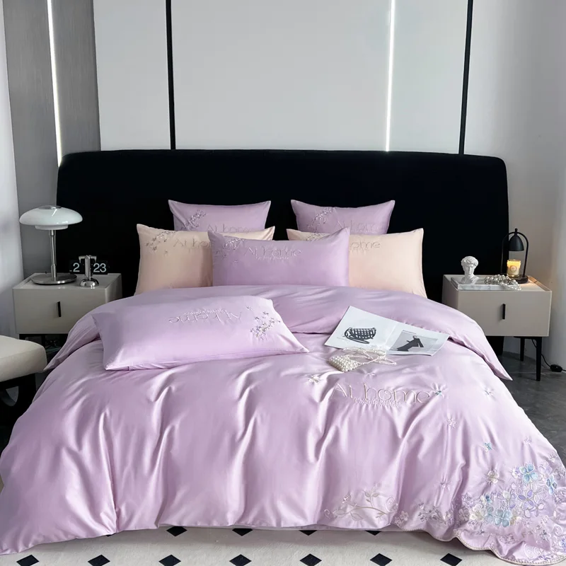 

Purple Flower Embroidery Cotton Bedding Set, Duvet Cover, Linen Fitted Sheet, Pillowcases, Home Textile