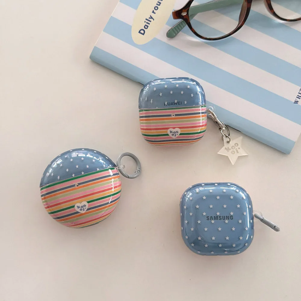 Translucent Blue Star Colorful Stripes Cover For Samsung Galaxy Buds 3 4 Pro Buds 2 Pro Live FE Core Earphone Protective Case