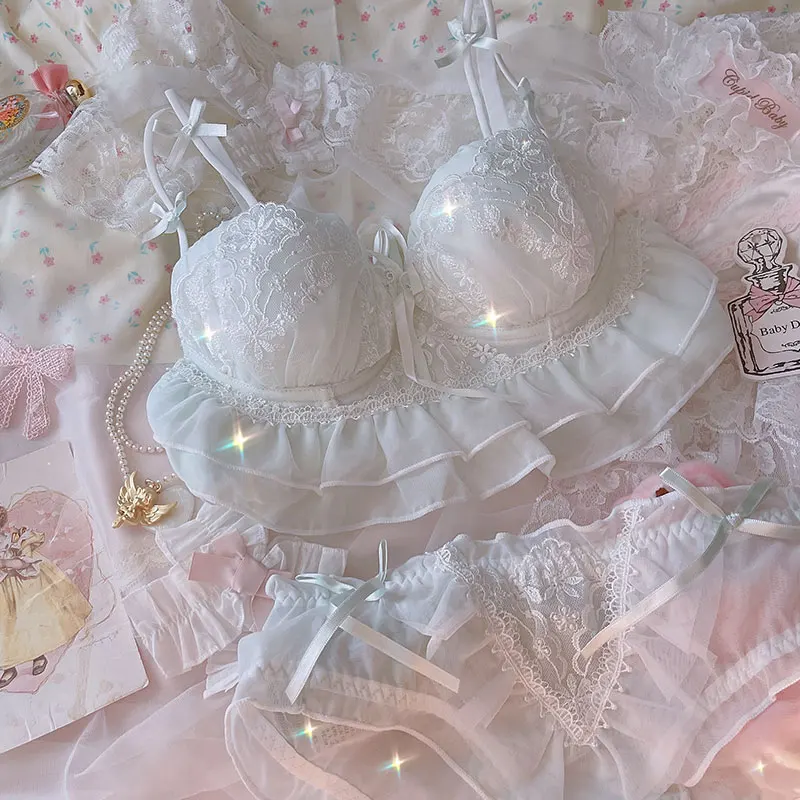 

Girly Princess Underwear Lace No Steel Ring Cute Micro Gathering Bra Set Bow Floral Tube Top Sweet Lingerie with Underpants